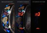 Sangrealrings superconductor ring men showing glowing effect under regular daylight UV torch and in the dark