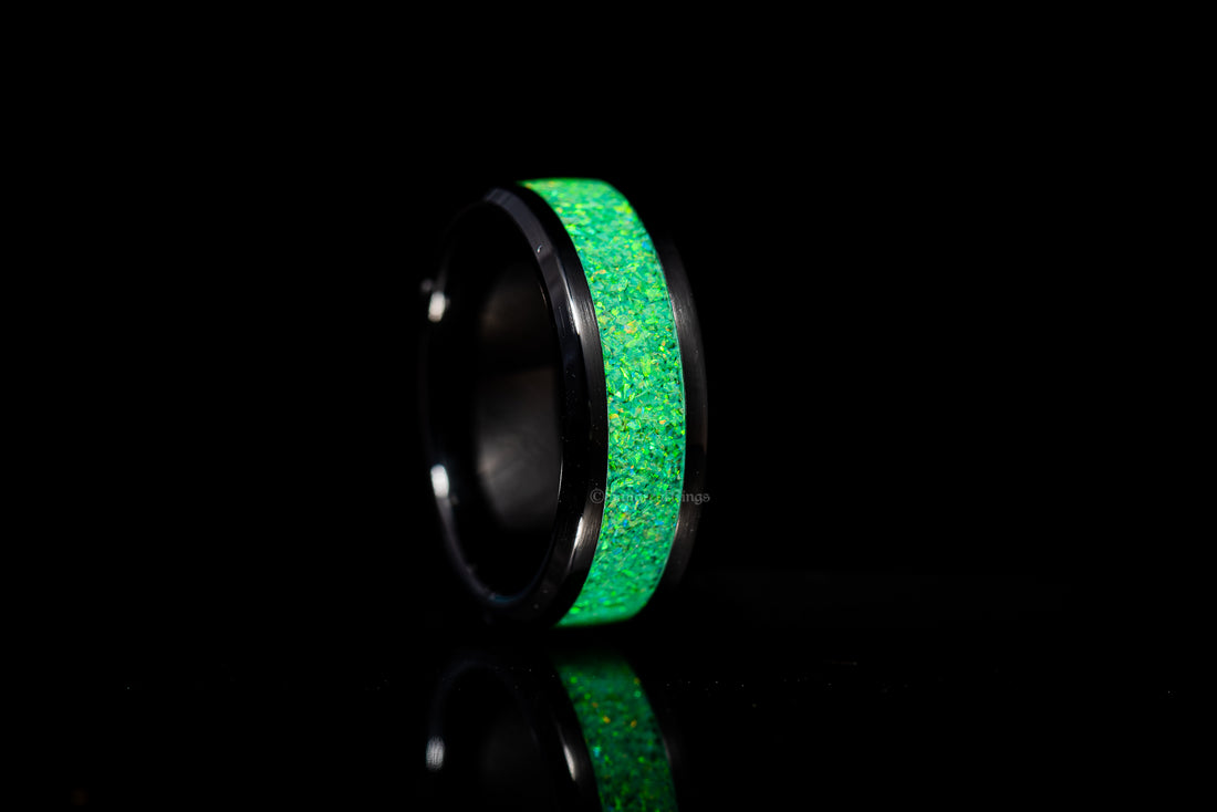 Lime Green Opal Black Ceramic Ring