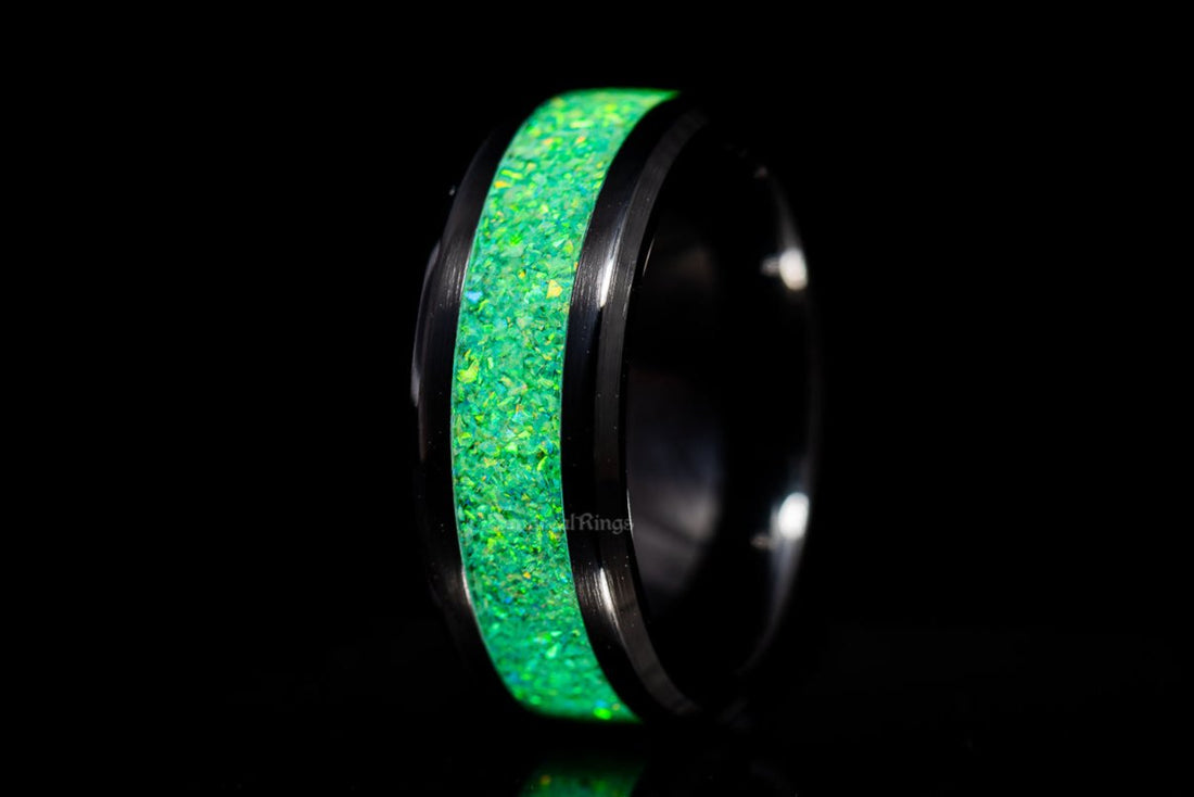 Lime Green Opal Black Ceramic Ring