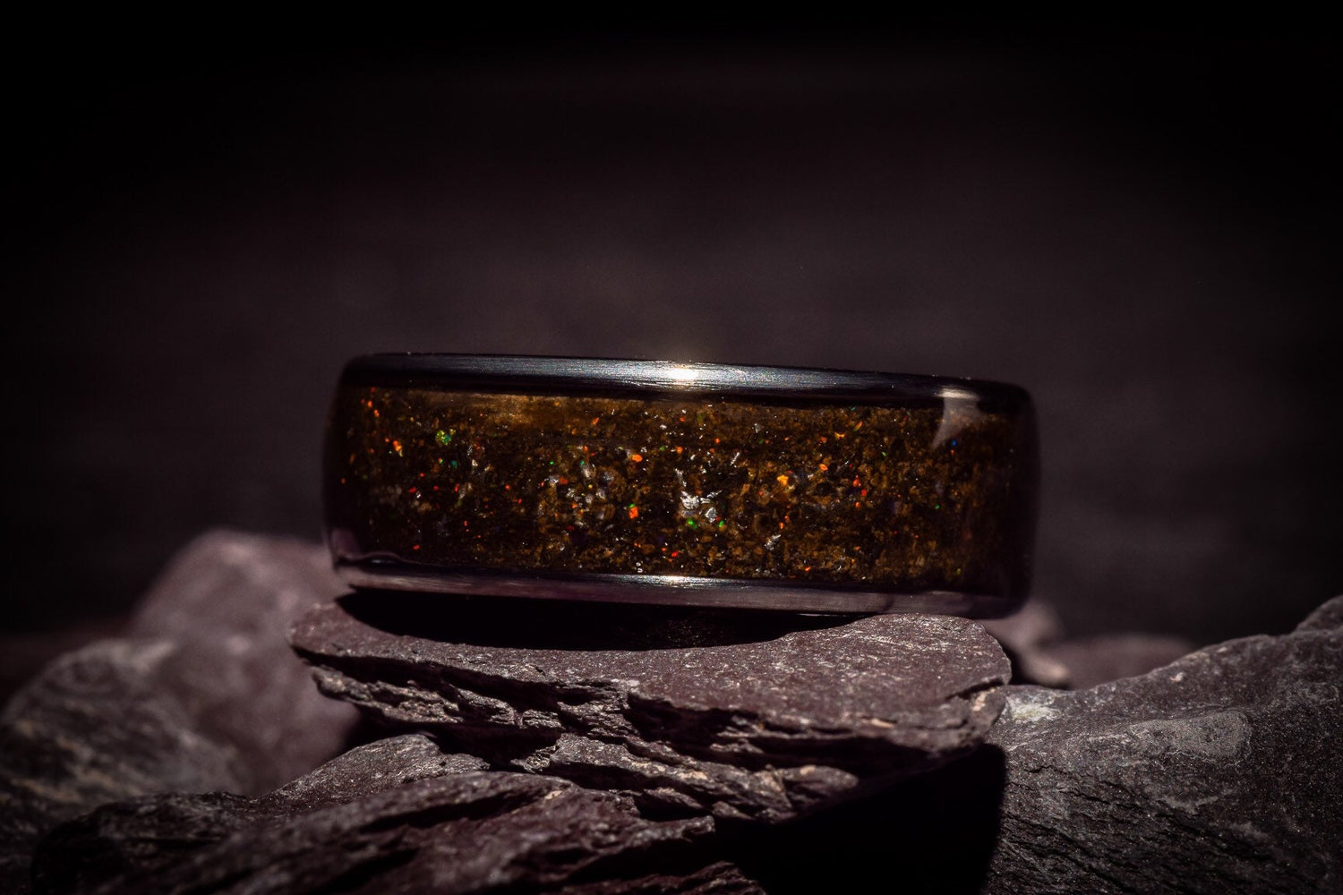 Opal, Megalodon Tooth and Meteorite Titanium Ring