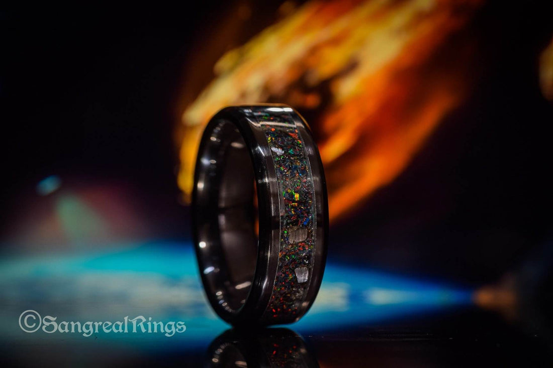 Sangrealrings opal and meteorite ring black tungsten band with iridescent opal inlay and space themed design